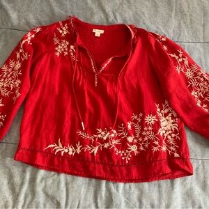Sundance Geraldine Floral Top Red Ivory Embroidered Linen Peasant Women's Size S